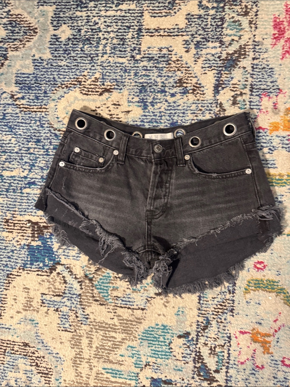 Free People Black Distressed Grommet Denim Shorts